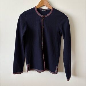 Navy Blue Cardigan Sweater with Red Trim